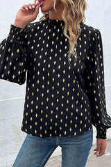 Geometric Print Frill Neck Lantern Sleeve Blouse - Flyclothing LLC