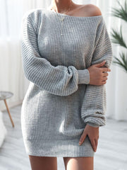 Rib-Knit Balloon Sleeve Boat Neck Sweater Dress - Flyclothing LLC