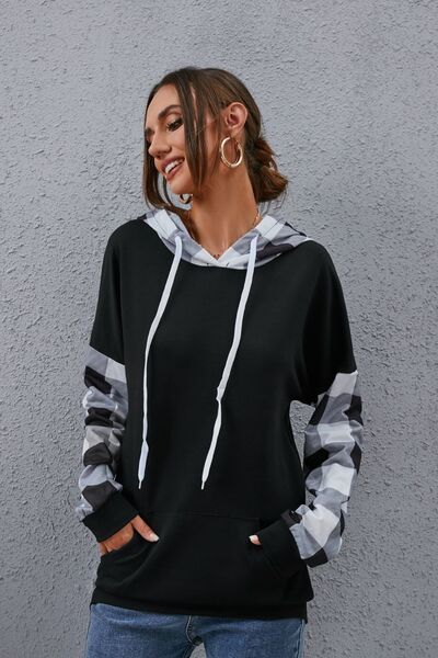 Plaid Drawstring Dropped Shoulder Hoodie - Flyclothing LLC