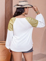 Plus Size Sequin Tie Neck Dropped Shoulder Blouse - Flyclothing LLC