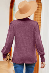 Decorative Button Johnny Collar Lantern Sleeve Blouse - Flyclothing LLC