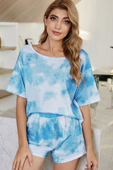 Tie-Dye Boat Neck Top and Shorts Lounge Set - Flyclothing LLC