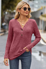 Ribbed Half Button Long Sleeve Knit Top - Trendsi