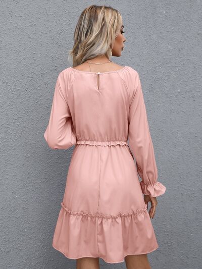 Frill V-Neck Flounce Sleeve Ruffle Hem Dress - Flyclothing LLC