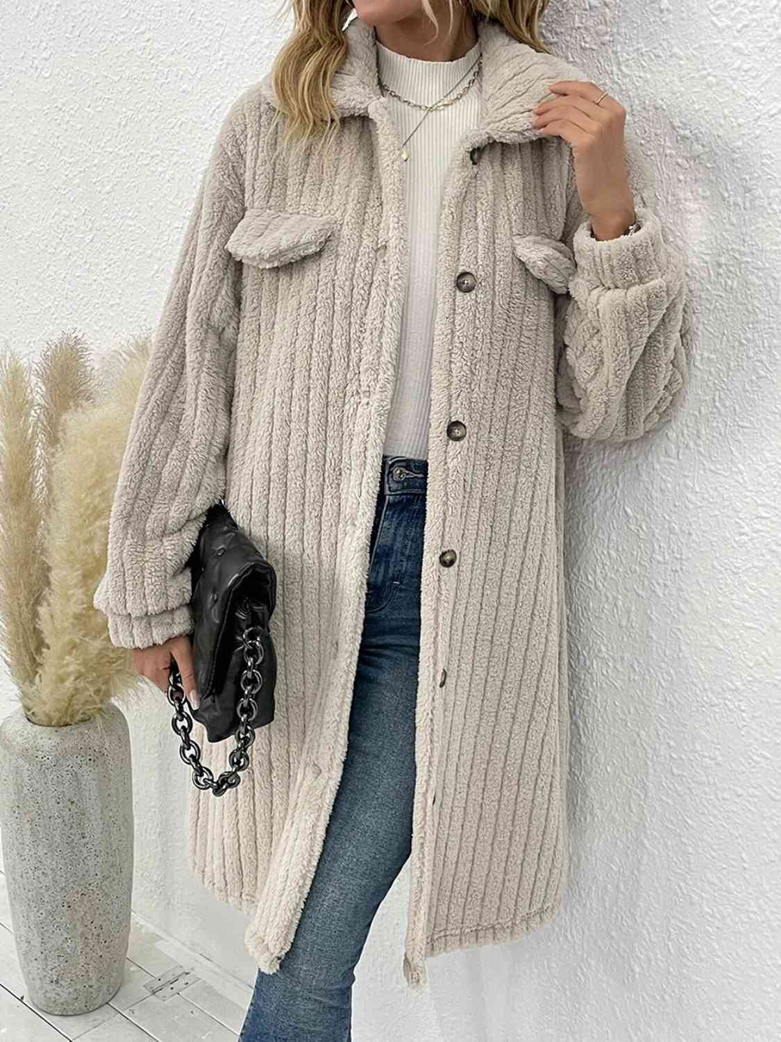 Collared Neck Drop Shoulder Coat - Trendsi