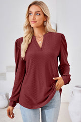 Ruched Notched Long Sleeve T-Shirt - Flyclothing LLC