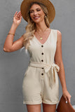 Button Front Belted Sleeveless Romper - Flyclothing LLC