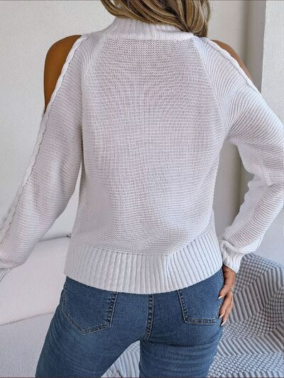 Cable-Knit Turtleneck Cold Shoulder Sweater - Flyclothing LLC