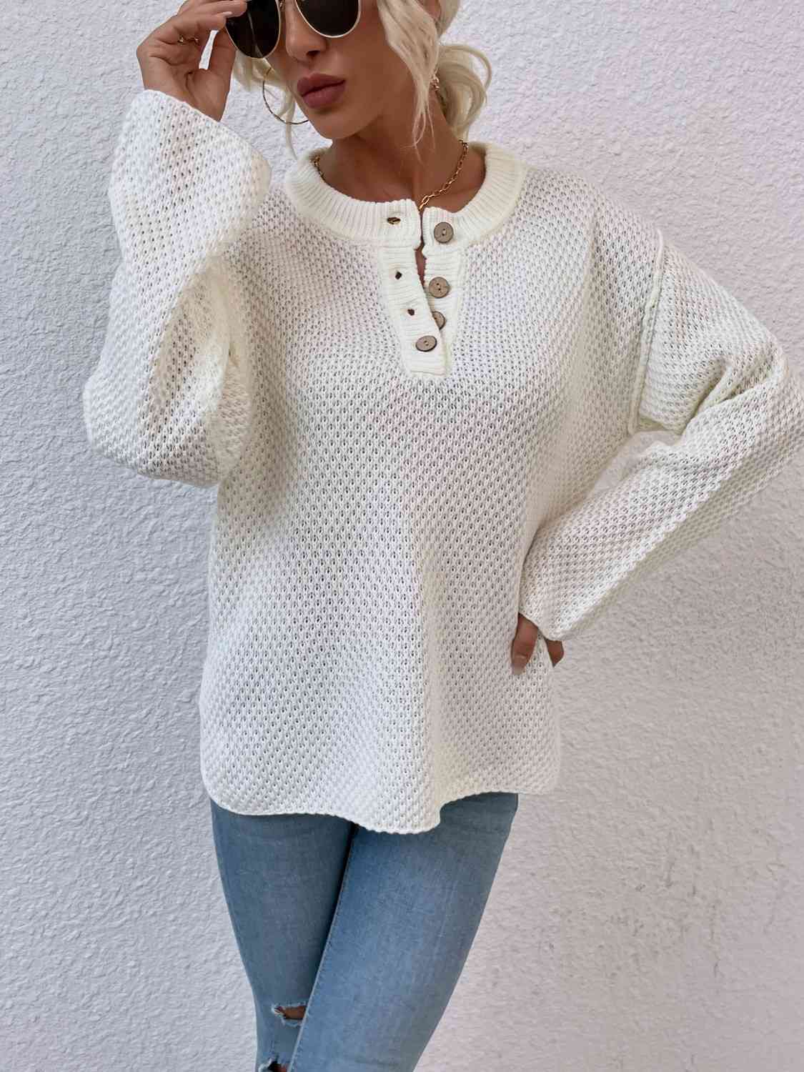 Quarter-Button Slit Sweater - Flyclothing LLC