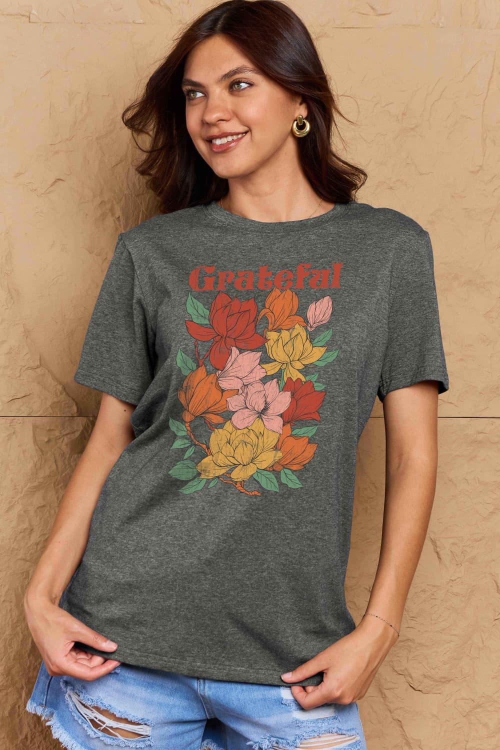 Simply Love Full Size GRATEFUL Flower Graphic Cotton T-Shirt - Flyclothing LLC