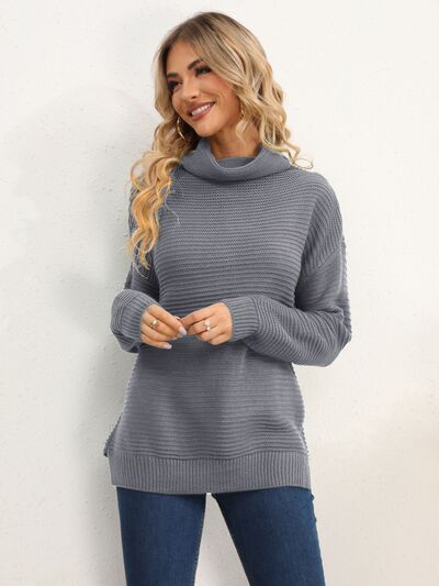 Slit Turtleneck Dropped Shoulder Sweater - Flyclothing LLC