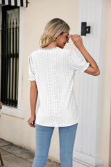 Eyelet Flounce Sleeve Scalloped V-Neck Top - Flyclothing LLC