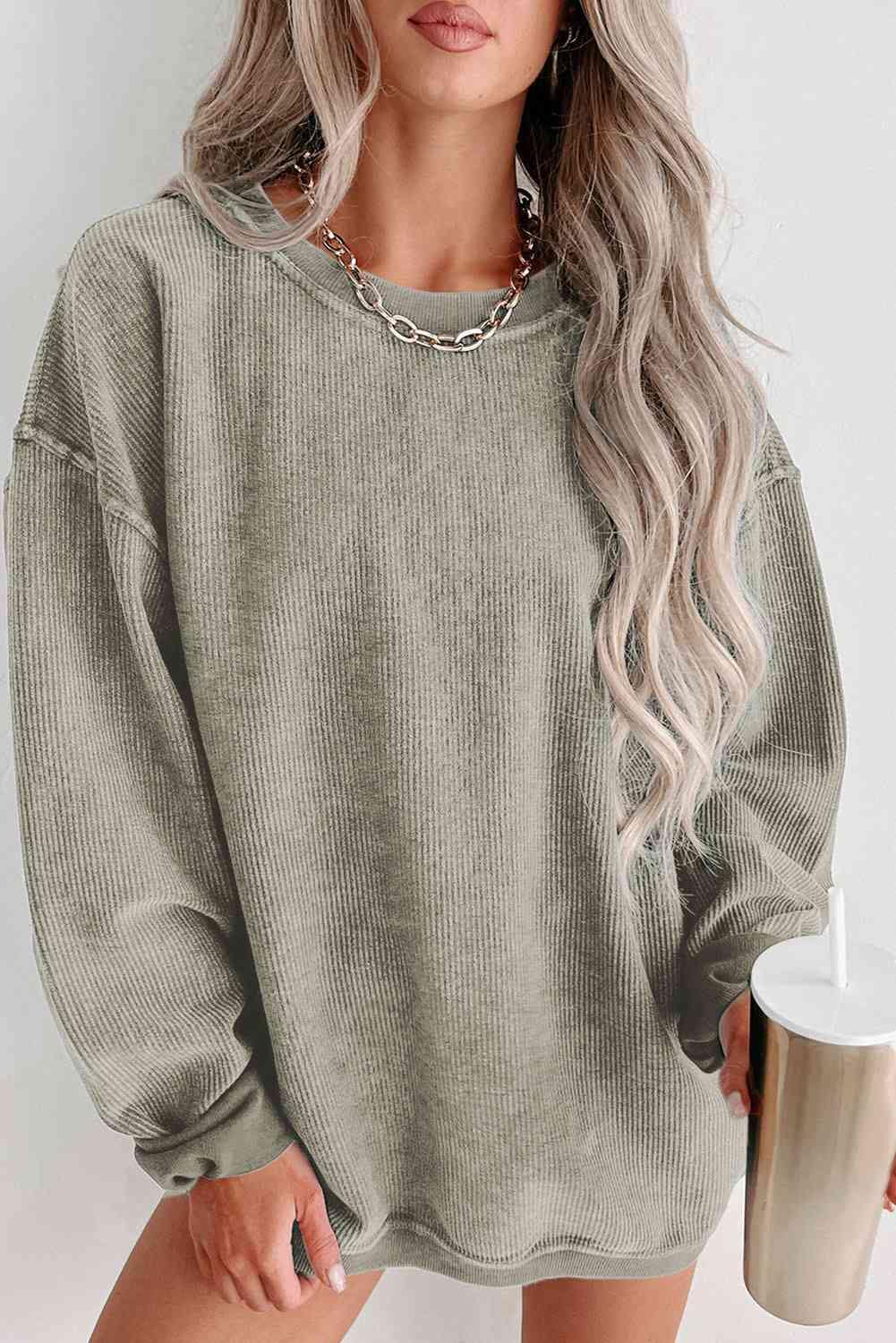 Round Neck Dropped Shoulder Sweatshirt - Trendsi