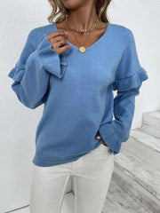 Ruffled V-Neck Dropped Shoulder Sweater - Flyclothing LLC