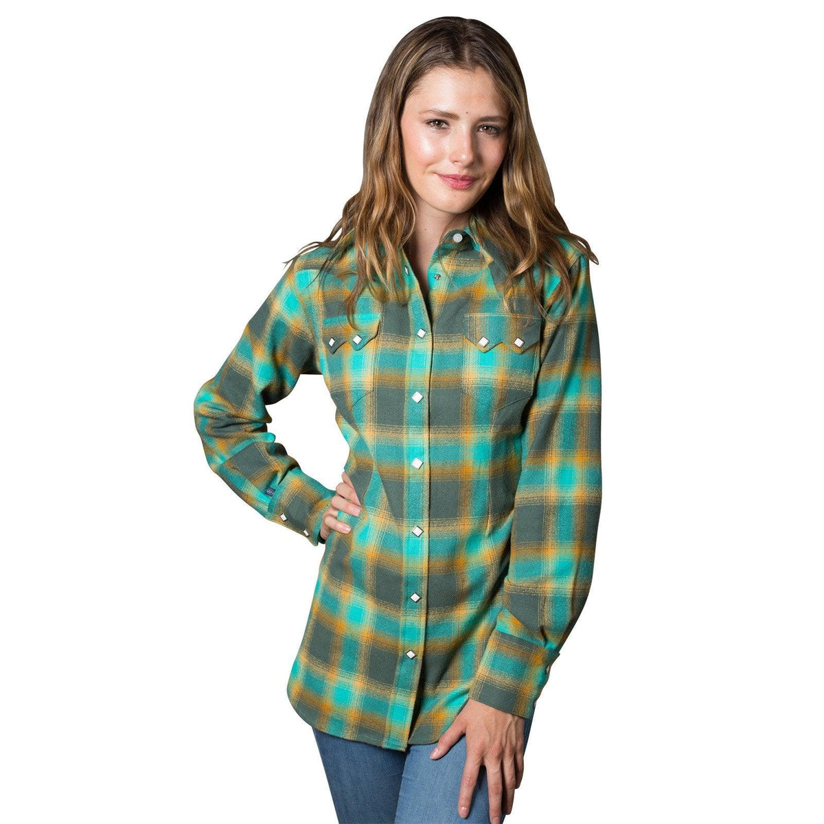 Women's Plush Green & Turquoise Plaid Flannel Western Shirt - Flyclothing LLC