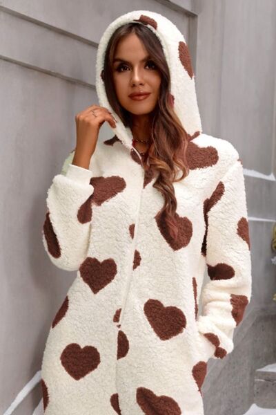 Fuzzy Heart Zip Up Hooded Lounge Jumpsuit - Flyclothing LLC