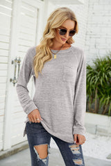 Heathered Slit Long Raglan Sleeve Top - Trendsi