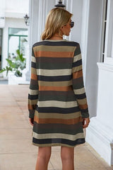 Striped Round Neck Long Sleeve Dress - Flyclothing LLC