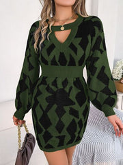 Contrast Round Neck Cutout Long Sleeve Mini Sweater Dress - Flyclothing LLC