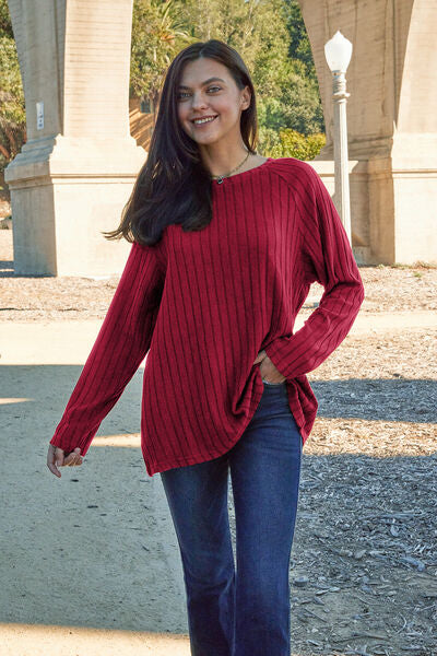 Basic Bae Full Size Ribbed Round Neck Long Sleeve Knit Top - Flyclothing LLC