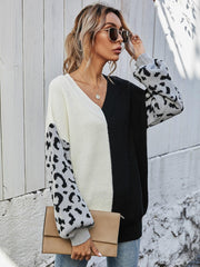 Leopard Color Block V-Neck Tunic Pullover Sweater - Flyclothing LLC