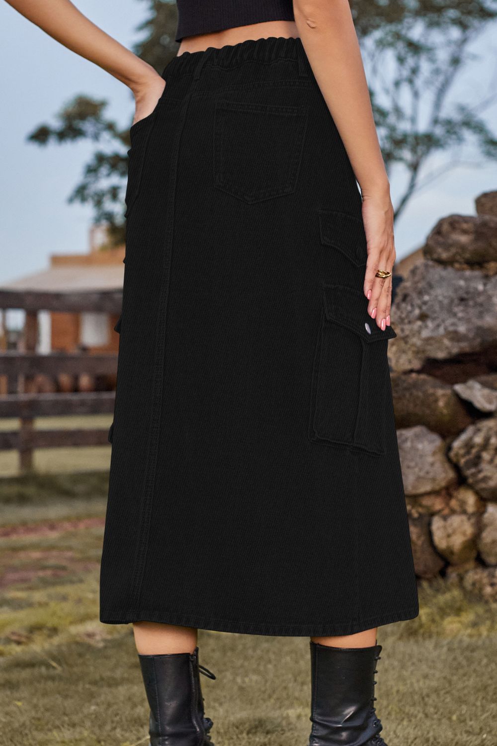 Slit Front Midi Denim Skirt with Pockets - Flyclothing LLC