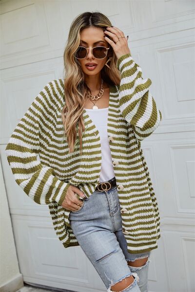 Striped Button Up Long Sleeve Cardigan - Flyclothing LLC