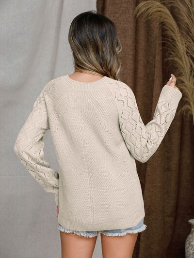 Openwork Round Neck Raglan Sleeve Sweater - Flyclothing LLC