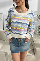 Striped Openwork Dropped Shoulder Sweater - Flyclothing LLC