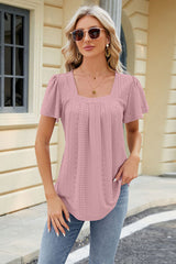 Eyelet Square Neck Short Sleeve T-Shirt - Flyclothing LLC