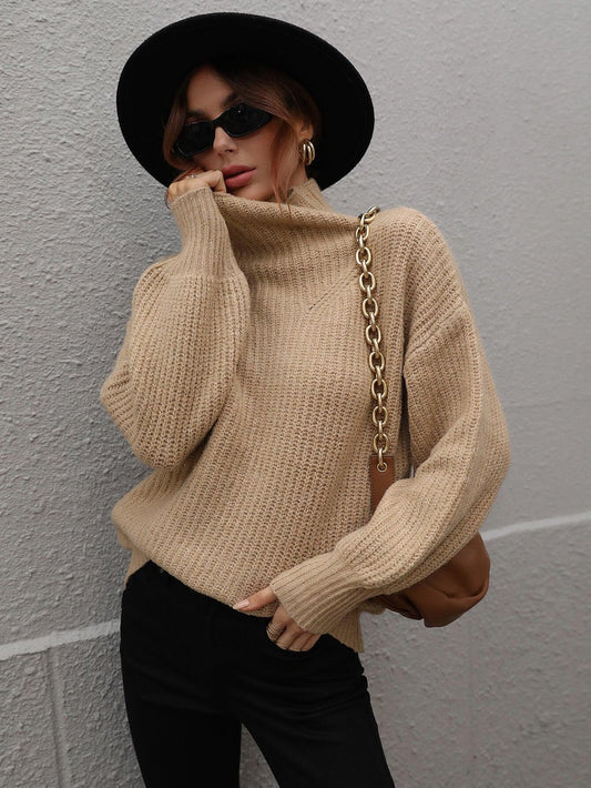 High Neck Balloon Sleeve Rib-Knit Pullover Sweater - Flyclothing LLC