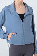 Drawstring Zip Up Dropped Shoulder Active Outerwear - Flyclothing LLC