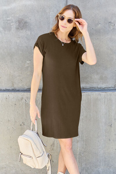 Basic Bae Full Size Round Neck Short Sleeve Dress with Pockets - Flyclothing LLC