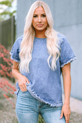 Round Neck Raglan Sleeve Raw Hem Denim Top - Flyclothing LLC