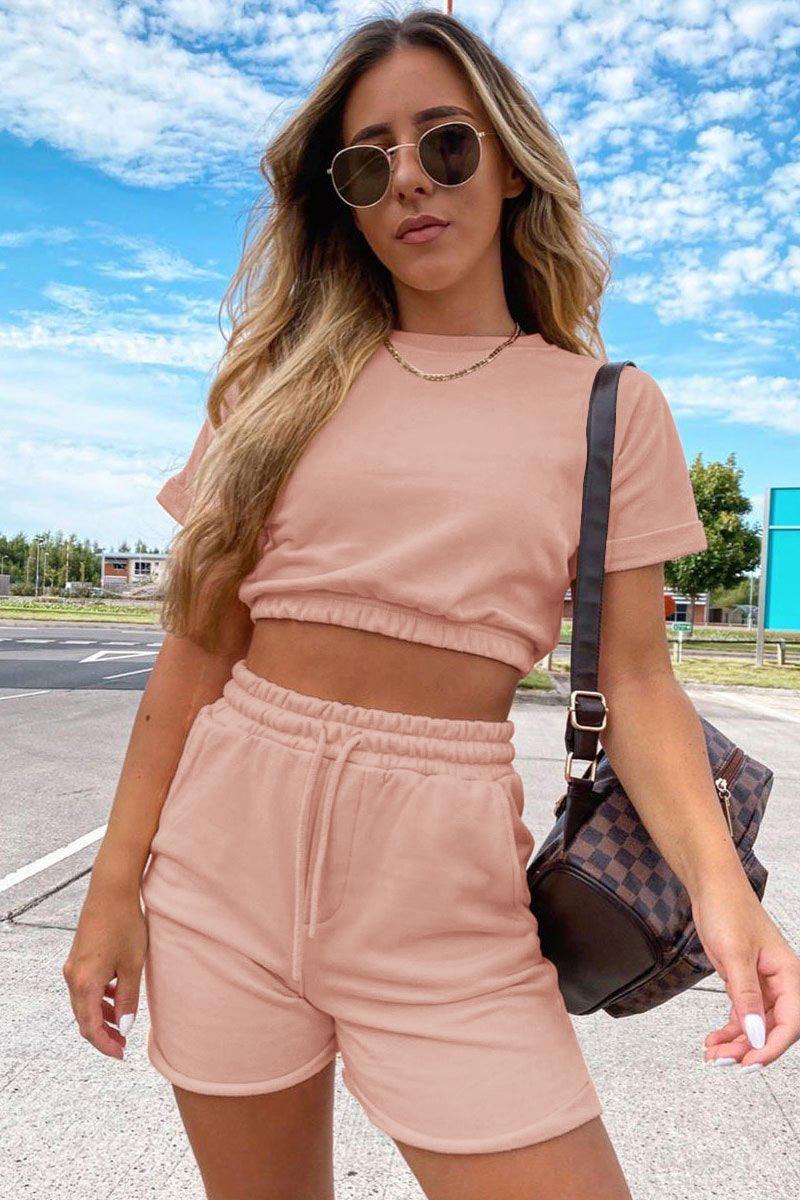 Short Sleeve Cropped Top and Drawstring Shorts Lounge Set - Flyclothing LLC