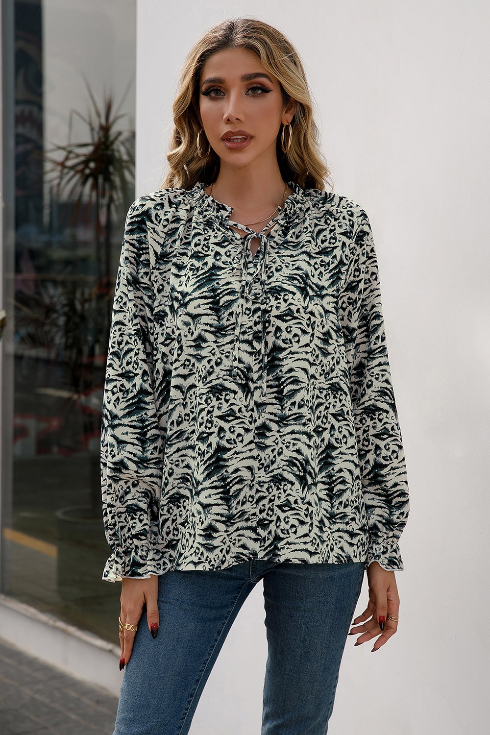 Printed Tie Neck Frill Trim Flounce Sleeve Blouse - Flyclothing LLC