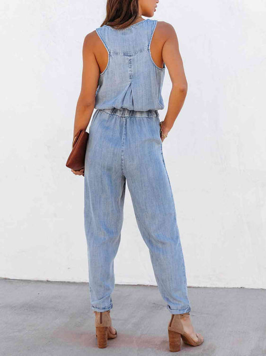 Drawstring Waist Sleeveless Jumpsuit - Flyclothing LLC