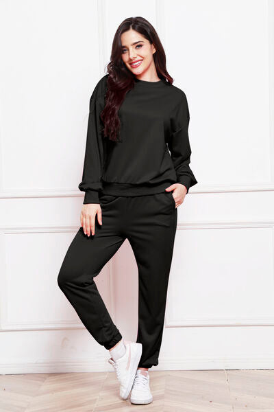 Round Neck Long Sleeve Sweatshirt and Pants Set - Flyclothing LLC