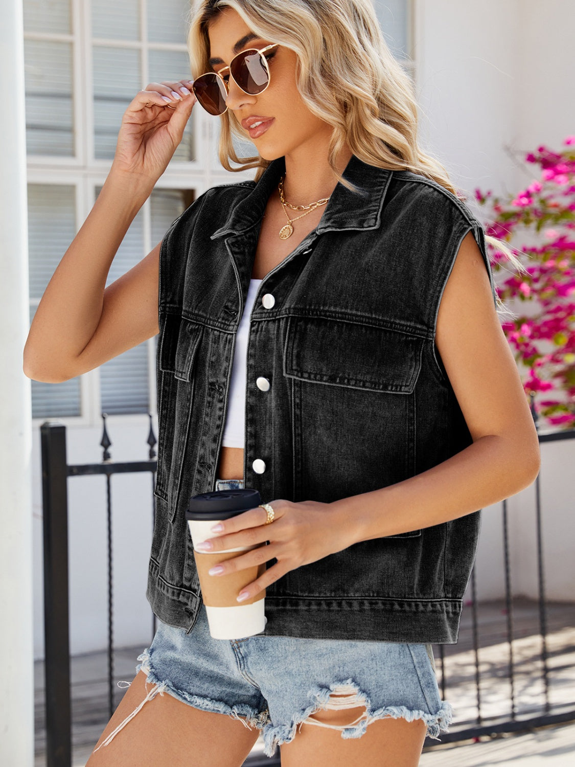 Armless denim jacket fashion