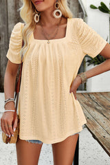 Eyelet Square Neck Puff Sleeve T-Shirt - Flyclothing LLC