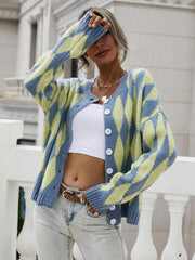 Argyle Button Front Drop Shoulder Cardigan - Flyclothing LLC