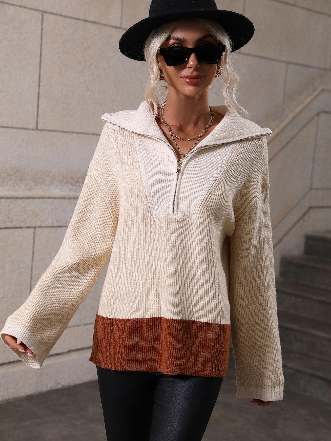 Color Block Half-Zip Dropped Shoulder Knit Pullover - Trendsi