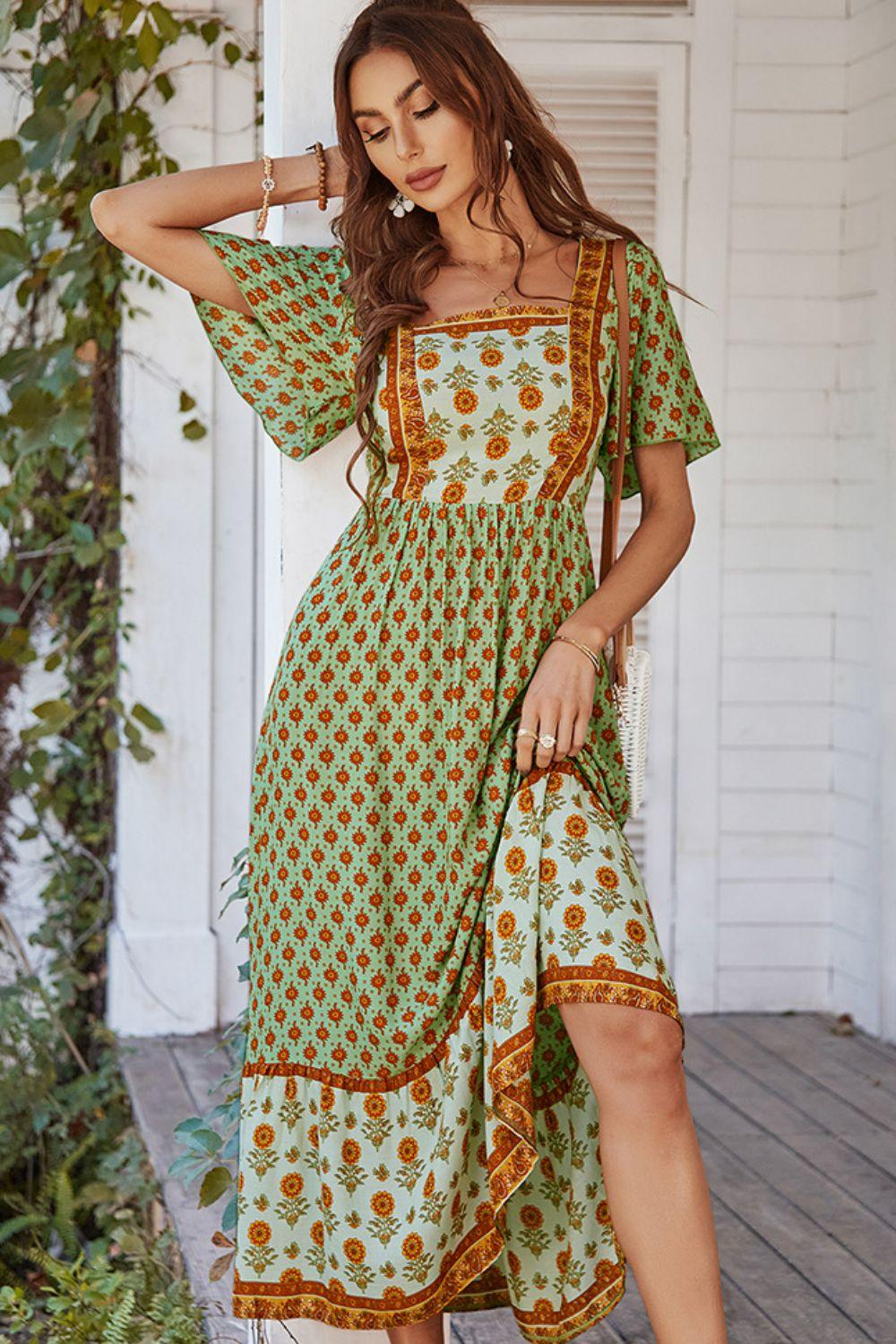 Bohemian Square Neck Flutter Sleeve Maxi Dress - Flyclothing LLC