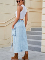 Slit Pocketed High Waist Denim Skirt - Flyclothing LLC