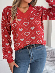 Heart Pattern V-Neck Long Sleeve Sweater - Flyclothing LLC