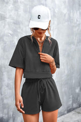 Half Zip Cropped Hooded T-Shirt and Shorts Set - Flyclothing LLC