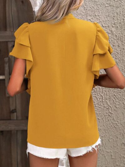 Ruffled Notched Short Sleeve Blouse - Flyclothing LLC