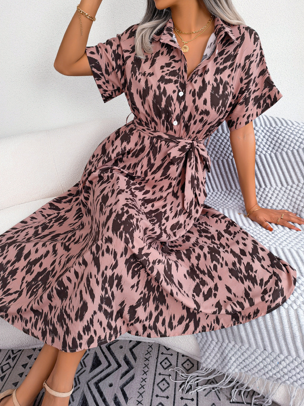 Printed Collared Neck Short Sleeve Tie Waist Dress - Flyclothing LLC