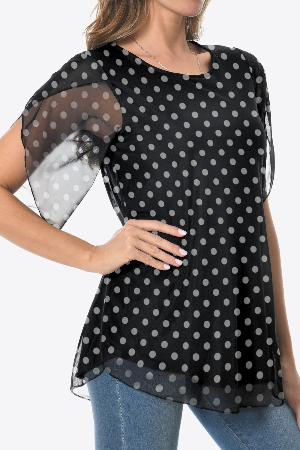 Printed Round Neck Curved Hem Blouse - Flyclothing LLC