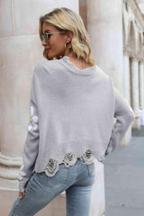 Flower Distressed Long Sleeve Sweater - Flyclothing LLC